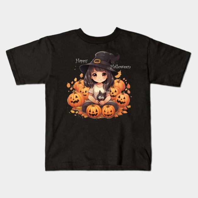 Cute little witch with black cat for Halloween. Kids T-Shirt by MLArtifex